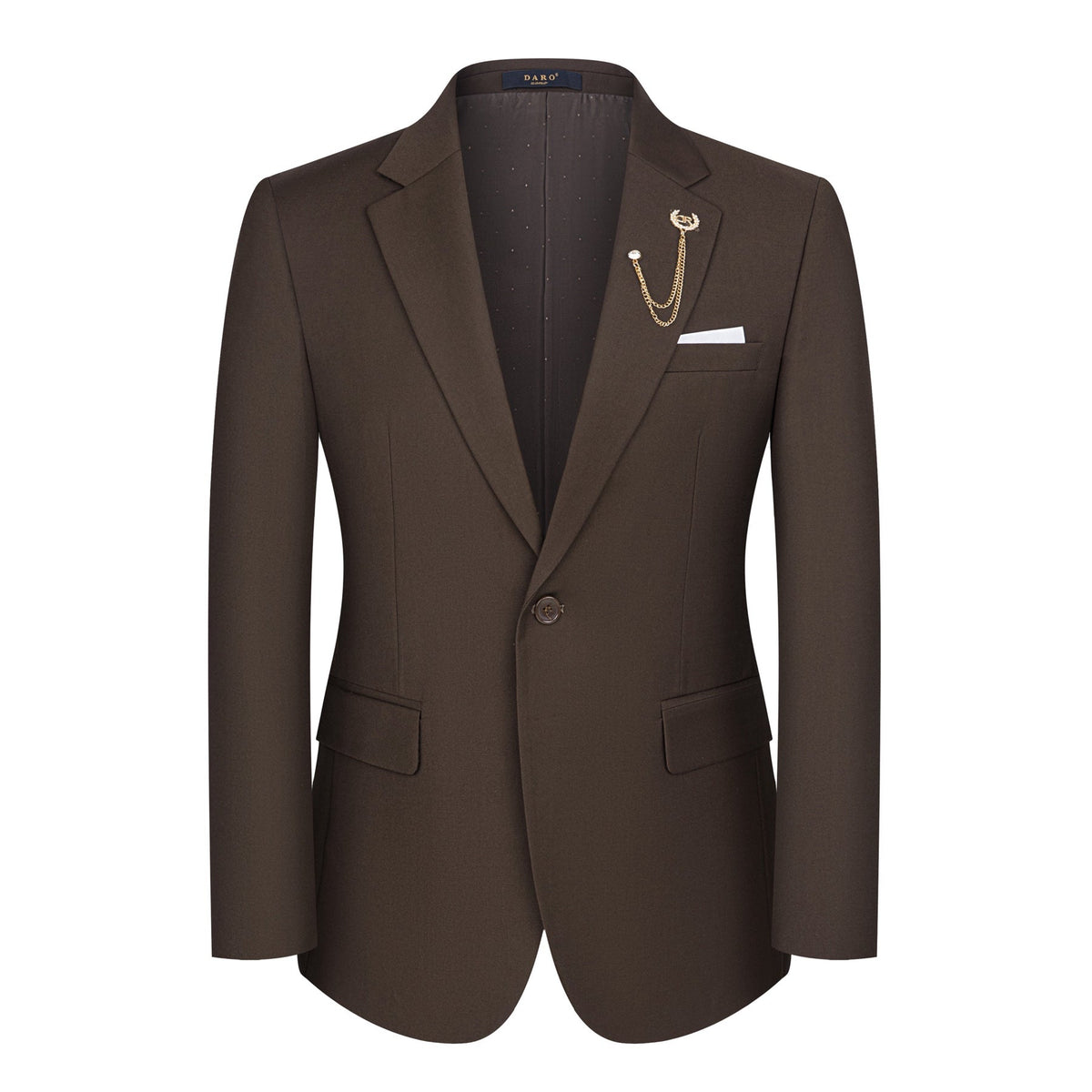 Full view of a men's brown 3-piece suit on a mannequin, including a single-breasted jacket, double-breasted vest, and