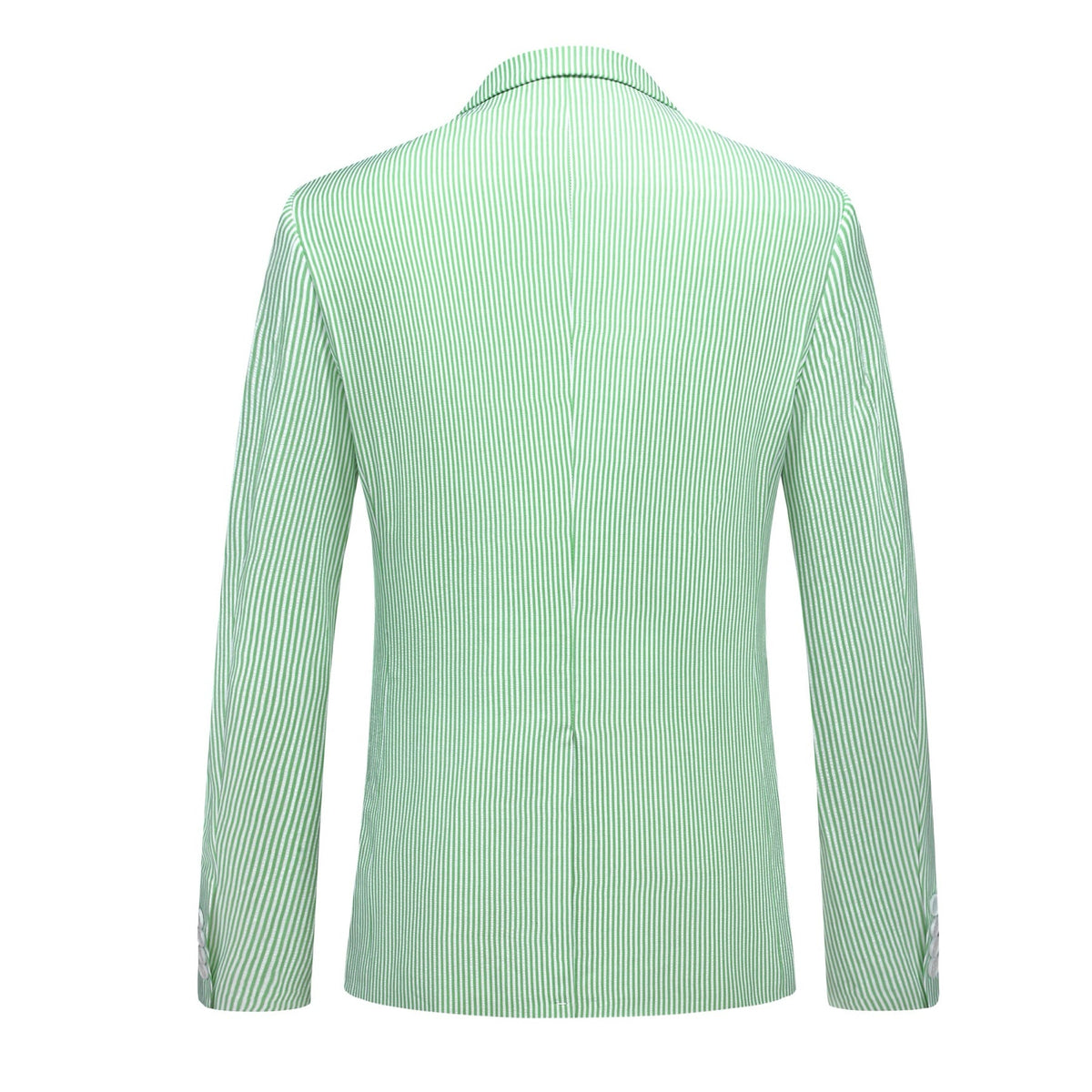 Front view of a men's light green and white striped seersucker suit, including a single-breasted blazer and matching