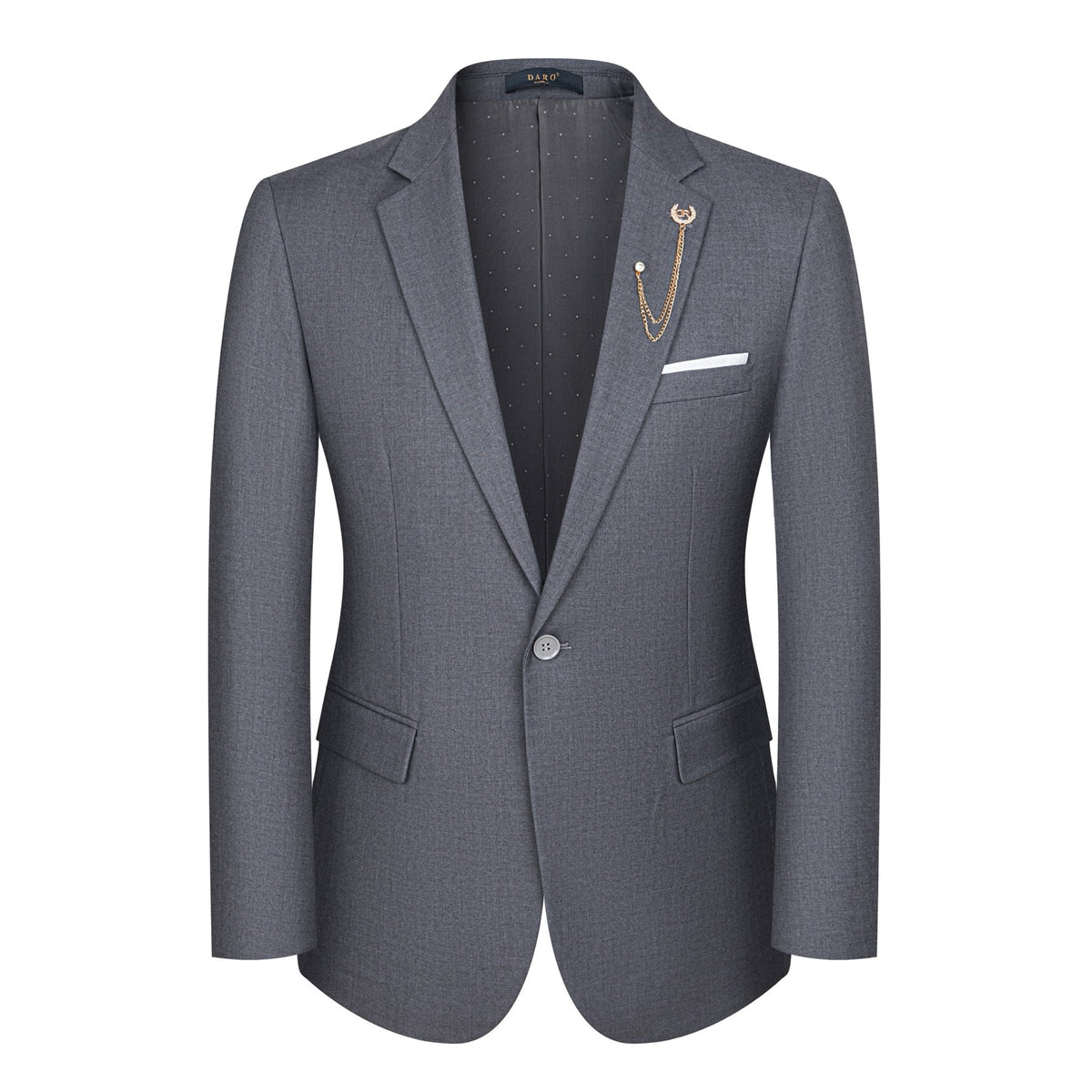 Men's grey three-piece slim fit suit with single-breasted jacket, double-breasted vest, and flat-front trousers, styled with