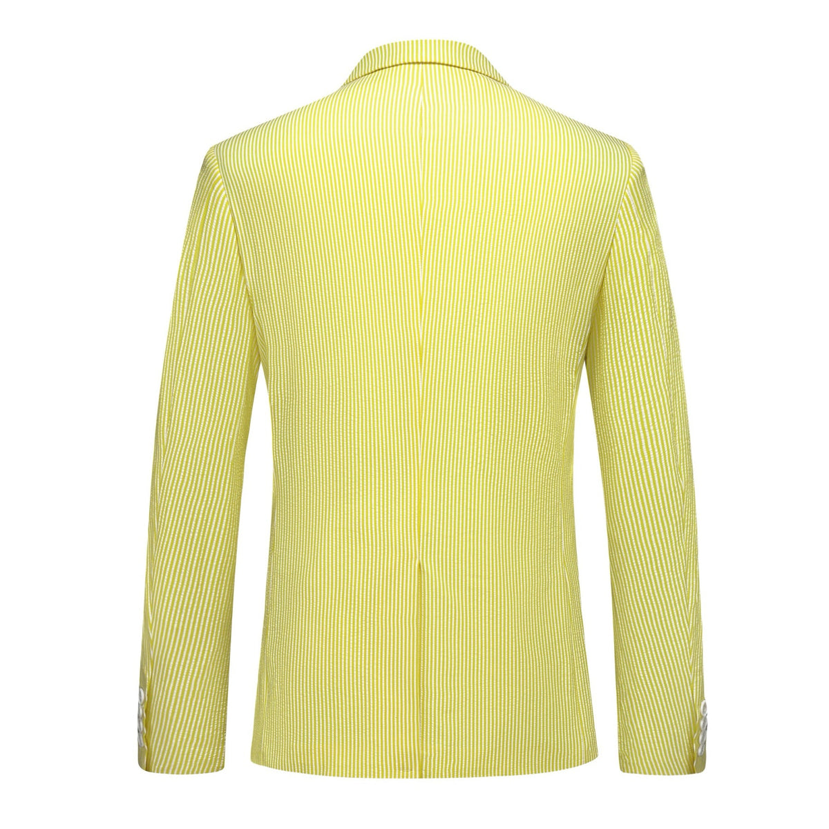 Front view of a men's yellow and white striped seersucker two-piece suit with a single-breasted jacket, notched lapels, and