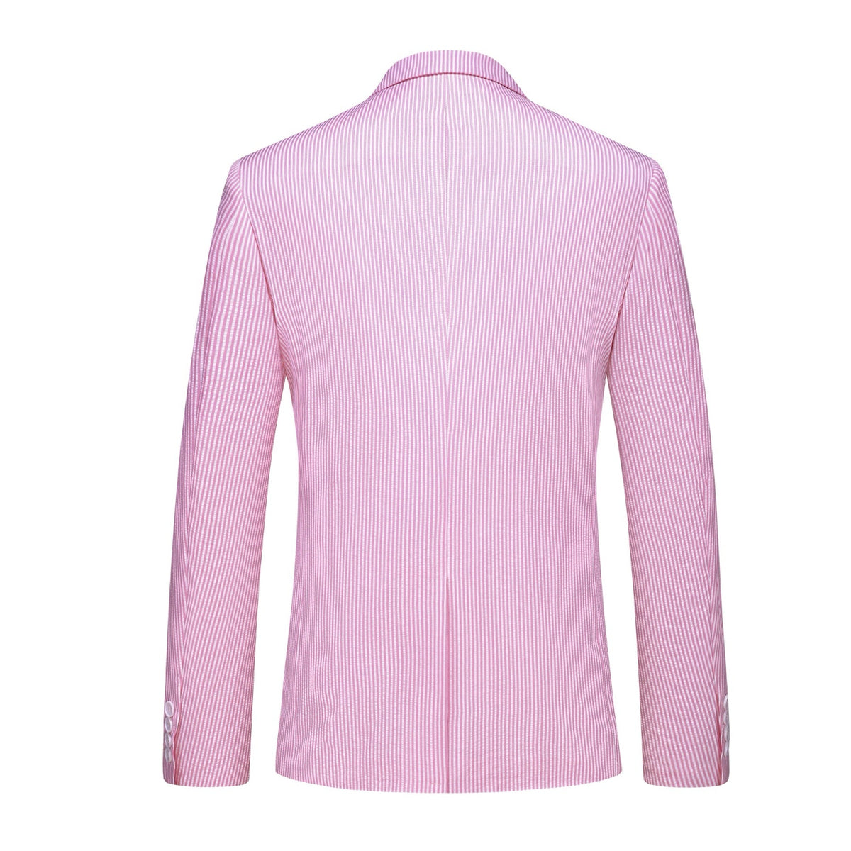 Front view of a men's two-piece pink and white striped seersucker suit with a single-breasted jacket and matching trousers.
