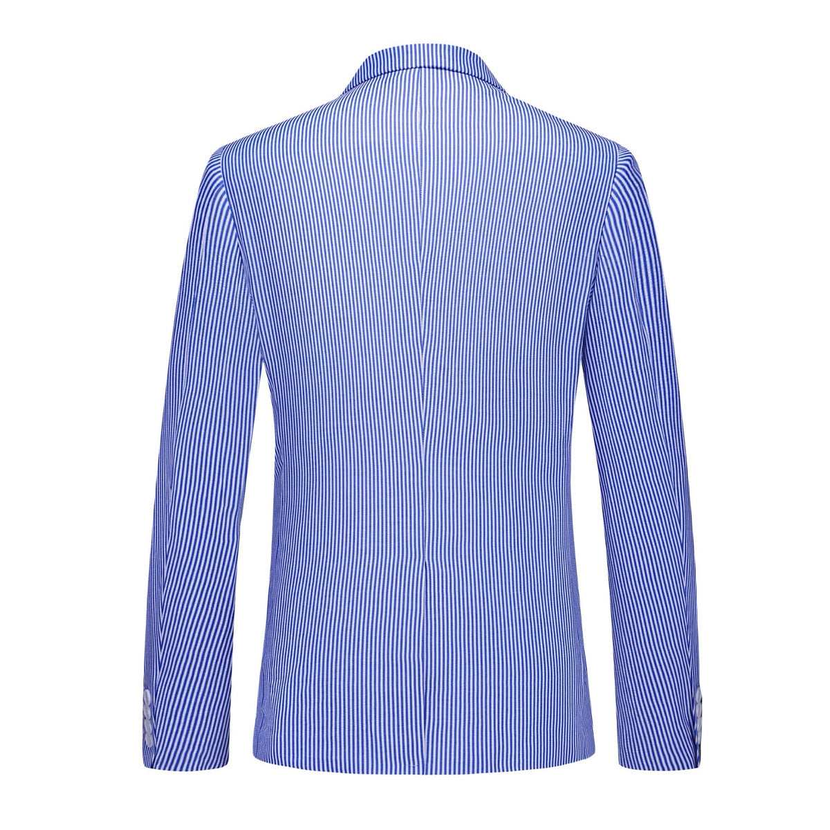 Front view of a men's blue and white pinstripe two-piece suit, including a single-breasted blazer and matching trousers.