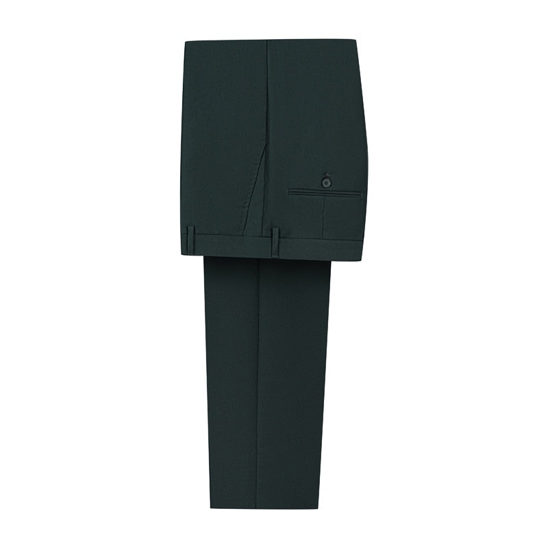 Full view of a men's dark green double-breasted suit with gold buttons, white shirt, and black tie on a mannequin.