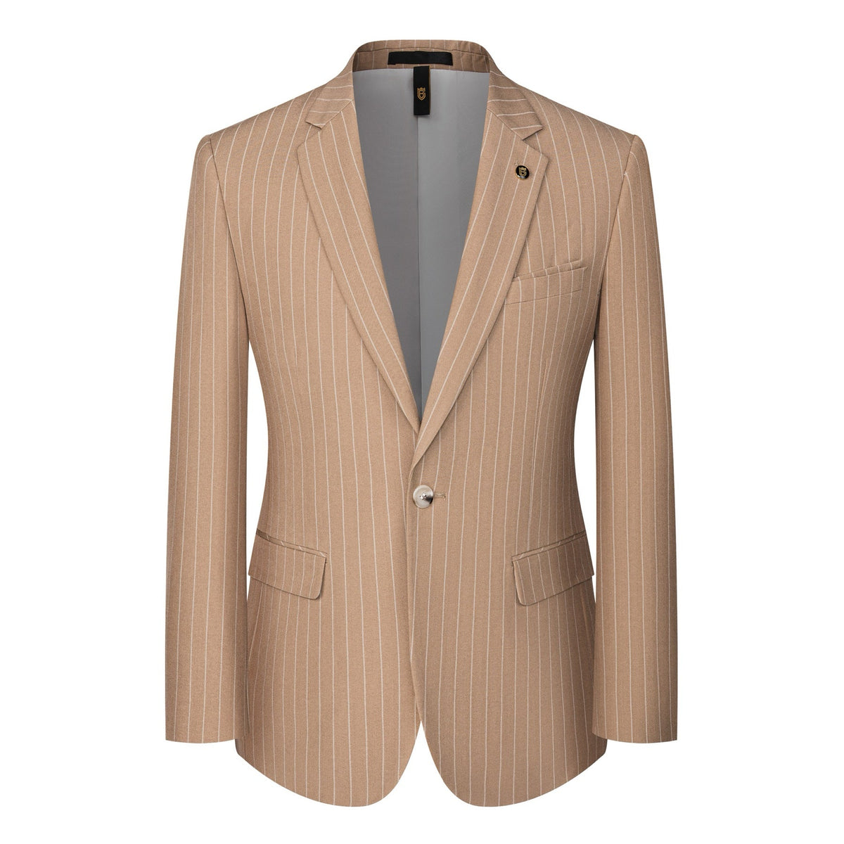 Men's beige pinstripe three-piece suit with a single-breasted jacket, double-breasted vest, and matching trousers, styled