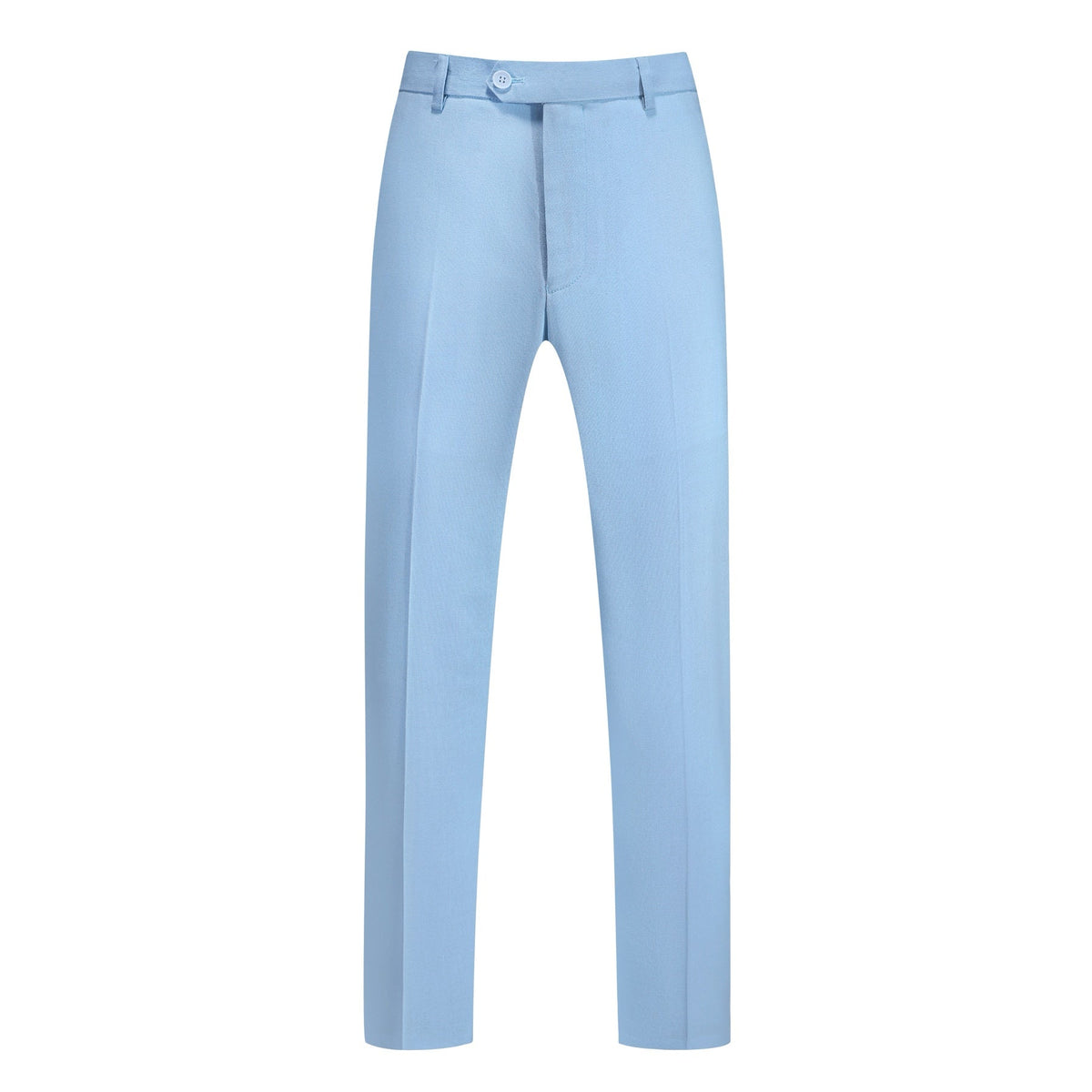 Front view of a men's light blue slim fit two-piece suit with a two-button blazer and matching trousers.