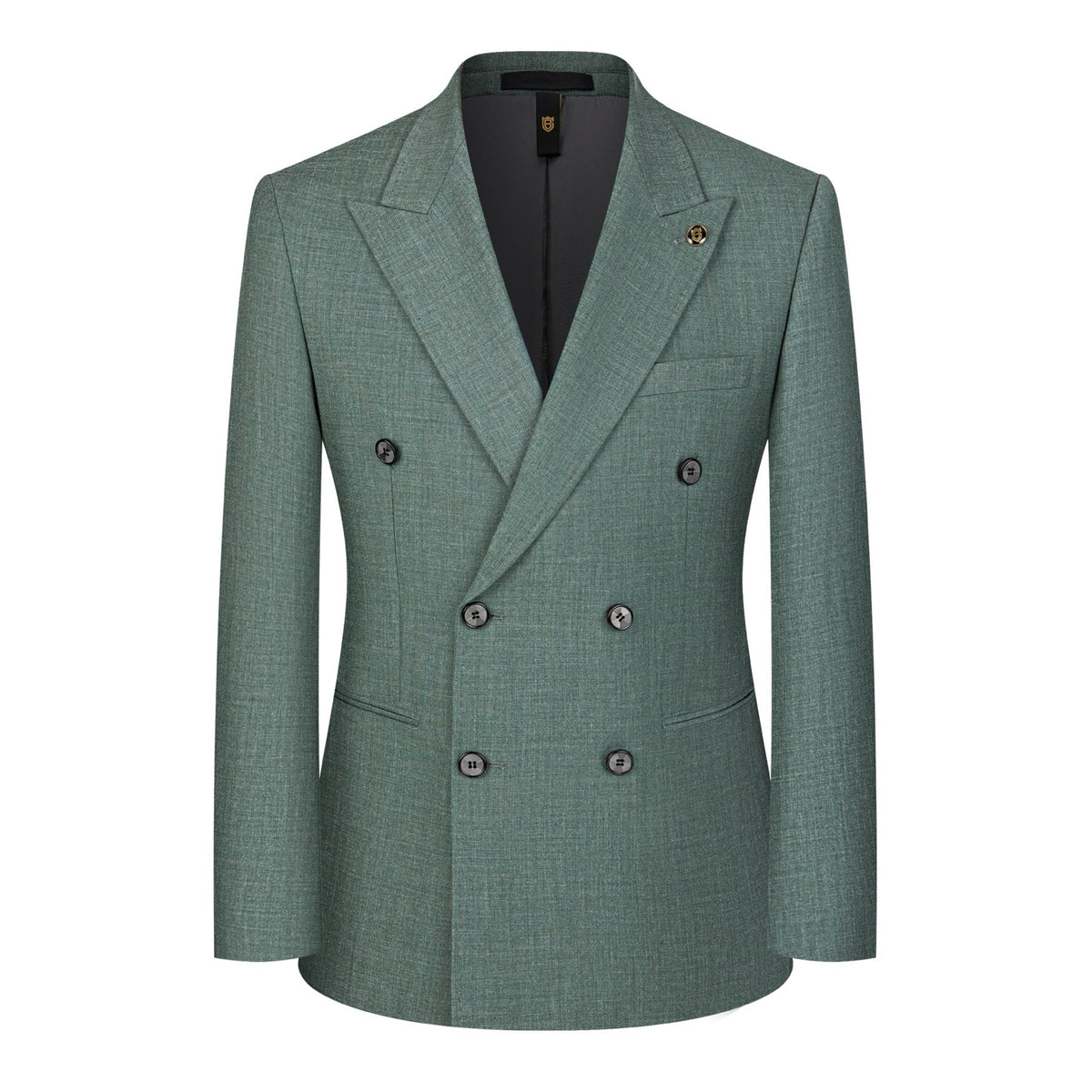 Full view of a men's green textured double-breasted suit with a yellow patterned tie, displayed on a mannequin, with matching
