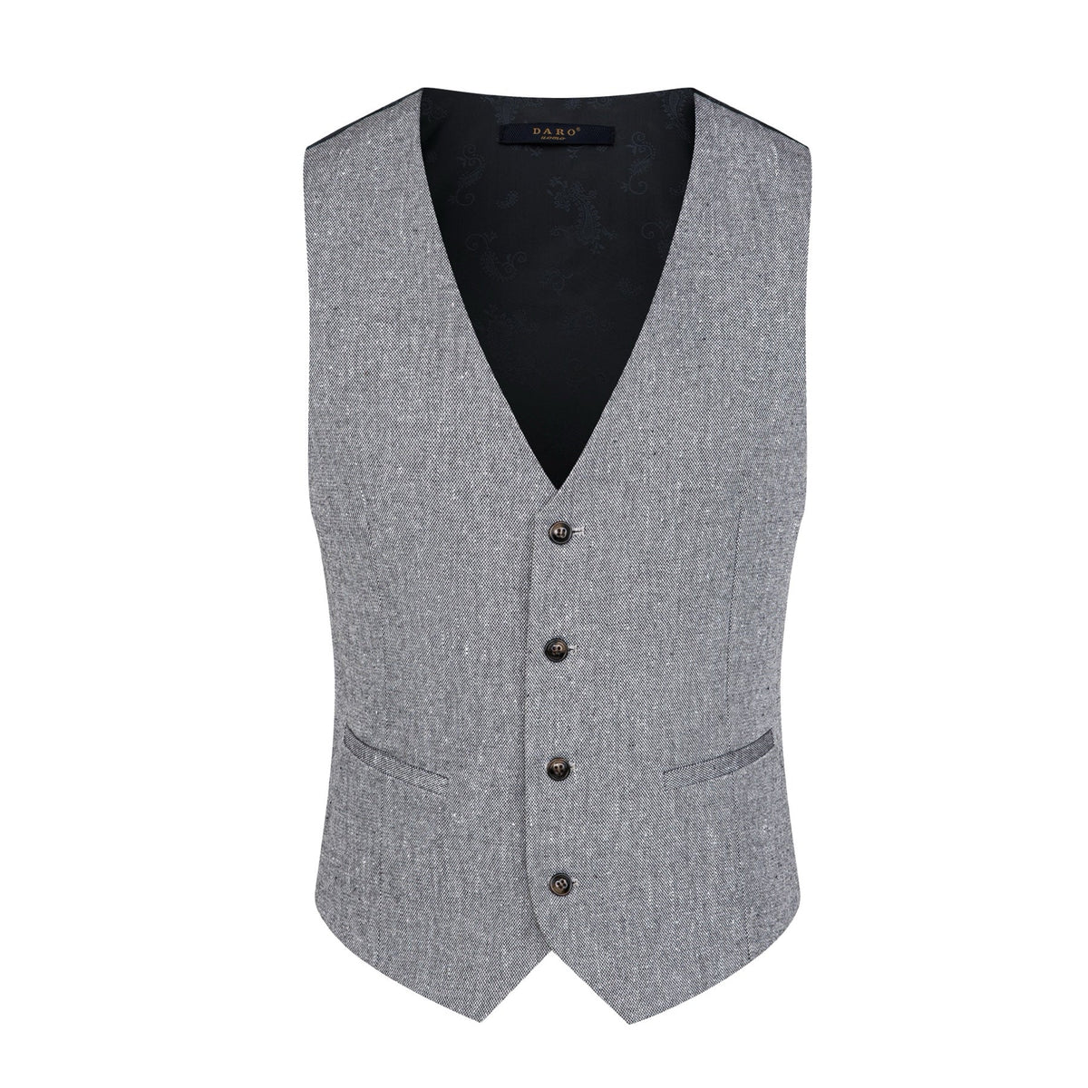 A men's grey textured three-piece suit with a single-breasted jacket, vest, and trousers, featuring black elbow patches on