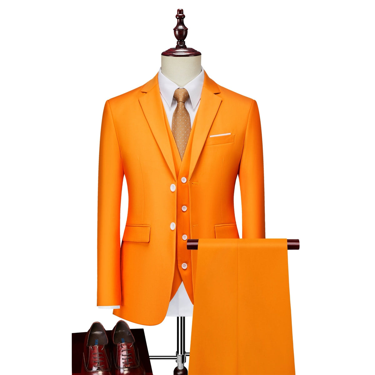 Men's slim fit 3 piece suit in various colors, featuring a jacket, vest, and trousers, styled with a white shirt, tie, and