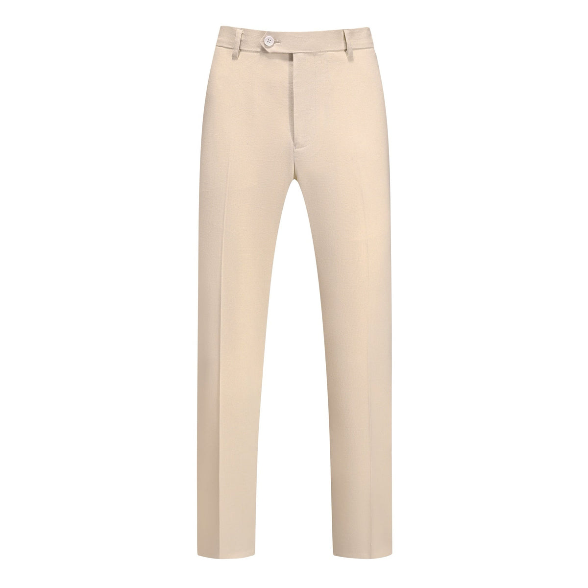 Front view of a men's beige two-piece suit, featuring a single-breasted jacket with two white buttons and matching flat-front