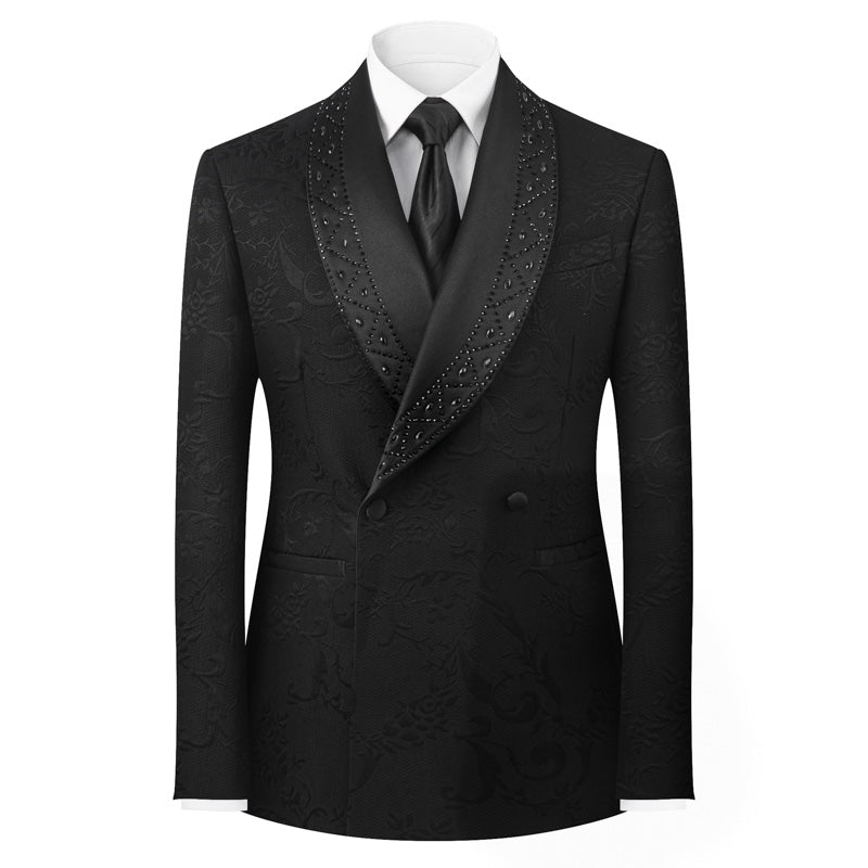 Men's black jacquard double-breasted suit with beaded lapels and matching plain black trousers.