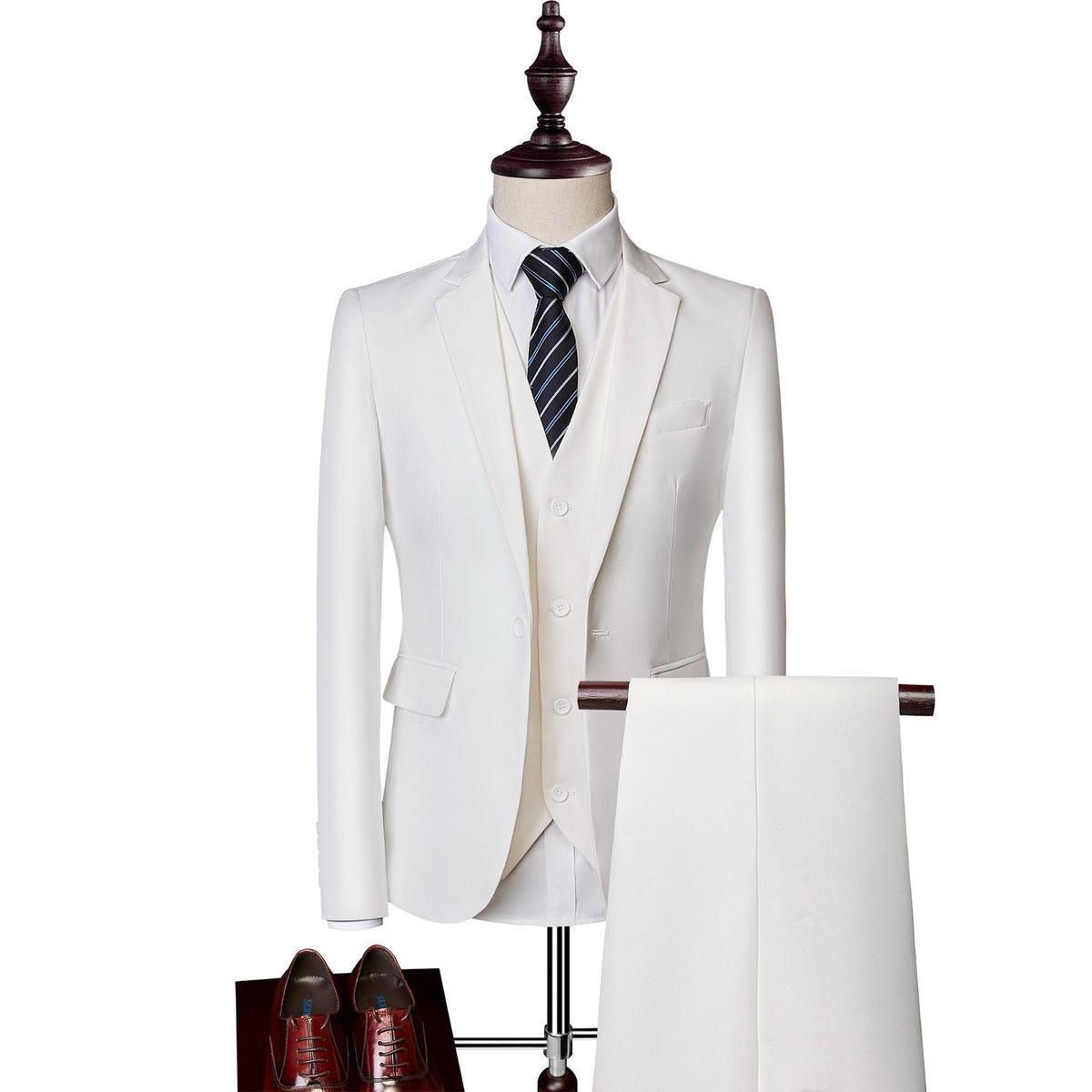 A collection of men's slim fit 3 piece suits in various colors, including blue, pink, white, red, and more, displayed on