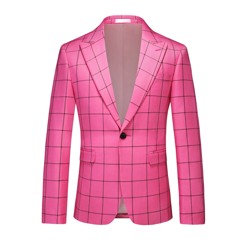 Front view of a men's bright pink plaid blazer and matching shorts set.