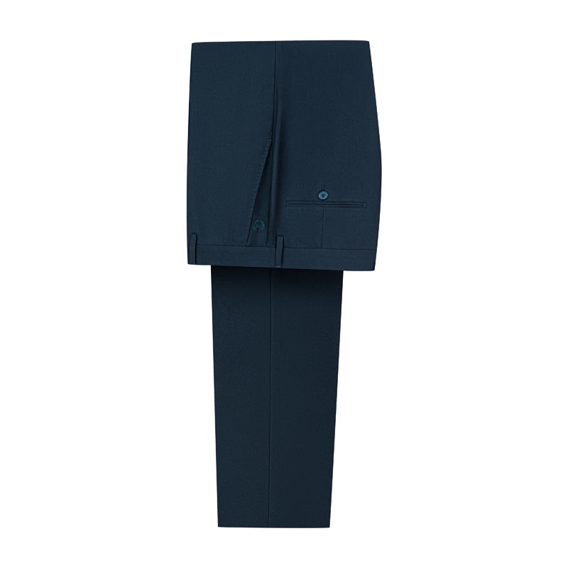 Front view of a men's dark blue double-breasted suit with a yellow patterned tie and a gold chain lapel pin on a mannequin.