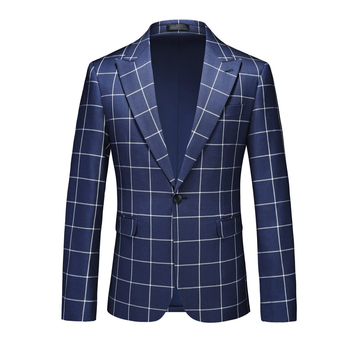 Men's blue suit shorts and matching blazer with white windowpane plaid pattern
