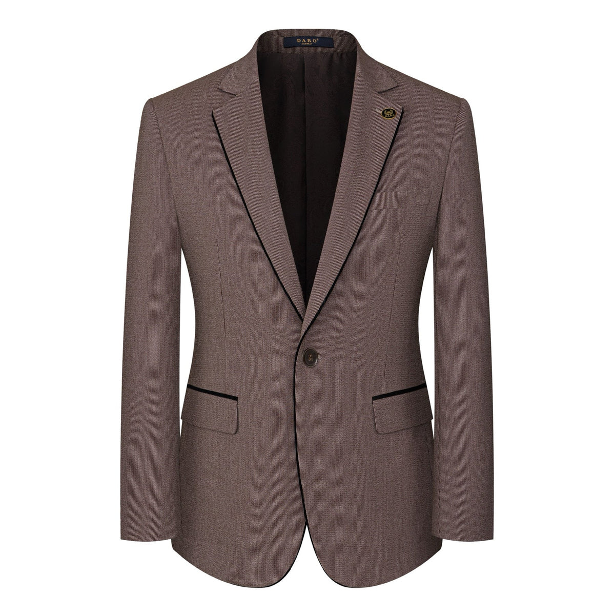Men's brown three-piece suit with black contrast trim, including a jacket, vest, and trousers, displayed on a mannequin.