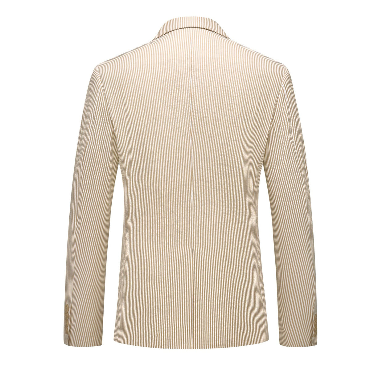 A men's beige and white striped seersucker two-piece suit, including a single-breasted jacket and matching trousers,