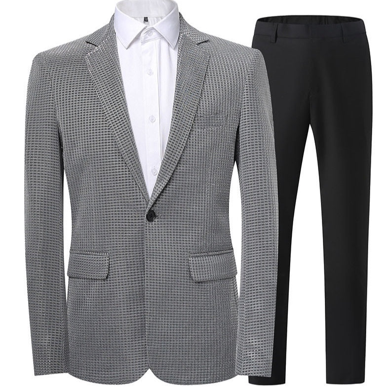 Front view of a Suitmine men's slim fit navy textured blazer with a shimmering grid pattern, paired with a white shirt.
