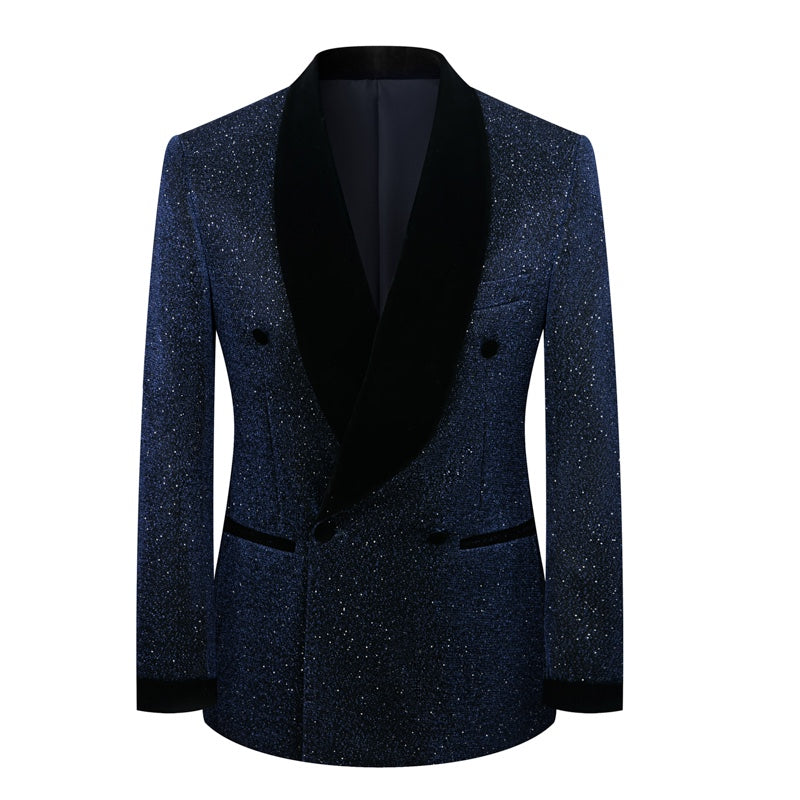 Men's double-breasted sparkly tuxedo jacket with black velvet shawl lapel