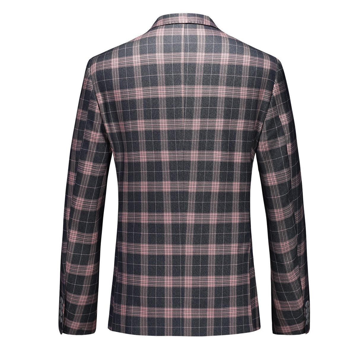 Front view of a men's dark gray and pink plaid three-piece suit, including blazer, vest, and trousers.