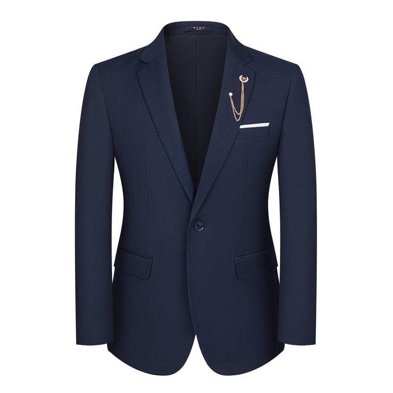 Full view of a men's navy blue three-piece suit with a white shirt, patterned tie, and gold chain lapel pin on a mannequin.