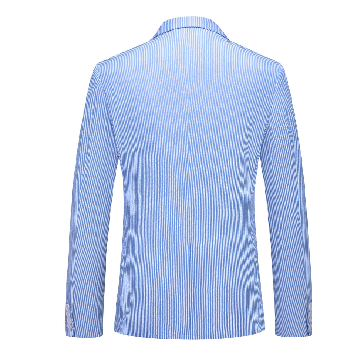Front view of a men's light blue and white striped seersucker suit, including a single-breasted jacket and matching trousers.