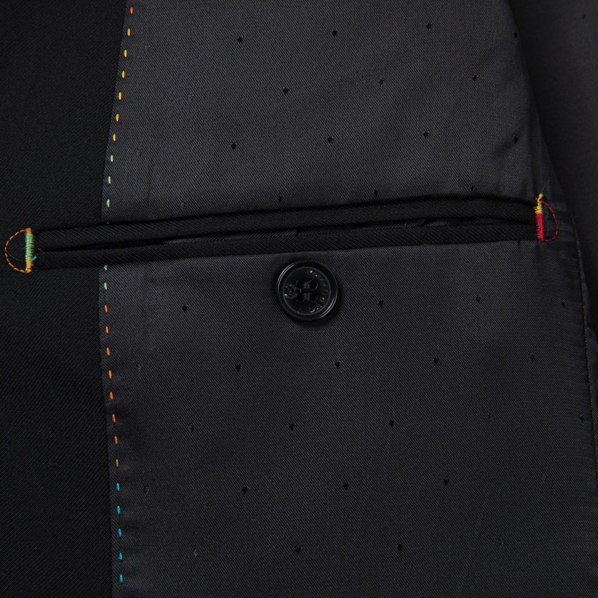 Full view of a Suitmine Men's Black Slim Fit 3-Piece Suit on a mannequin, featuring a blazer, vest, and trousers, accented