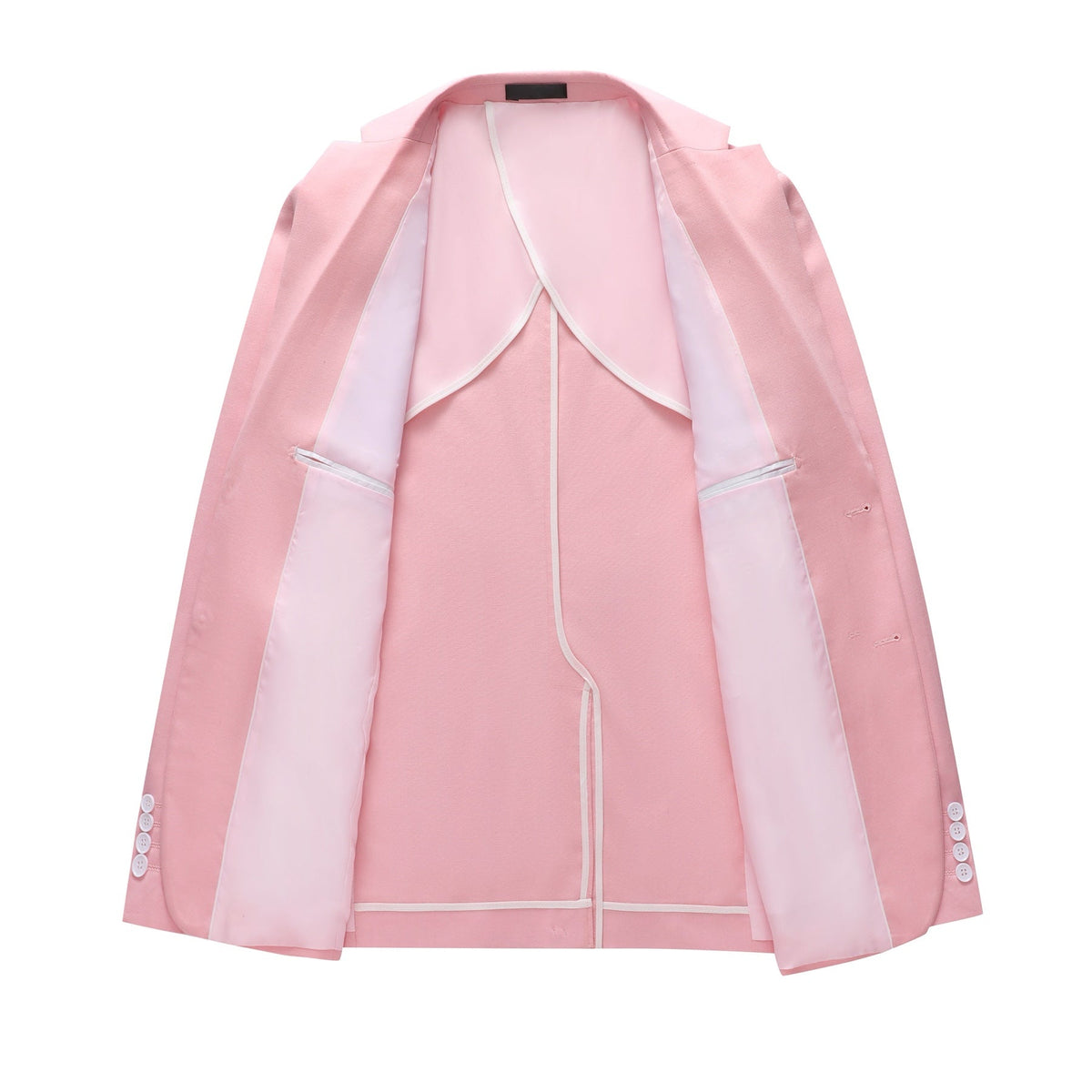 Front view of a men's light pink slim fit suit, featuring a two-button blazer and matching trousers.