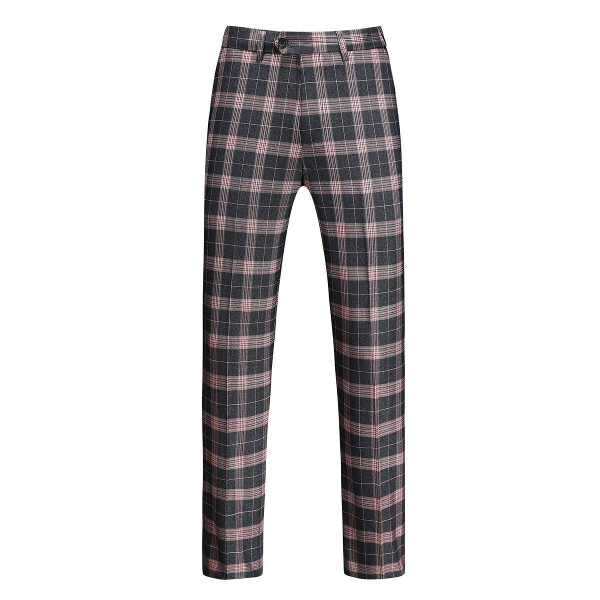 Front view of a men's dark gray and pink plaid three-piece suit, including blazer, vest, and trousers.