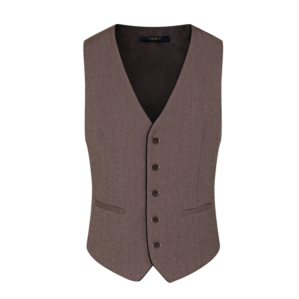 Men's brown three-piece suit with black contrast trim, including a jacket, vest, and trousers, displayed on a mannequin.