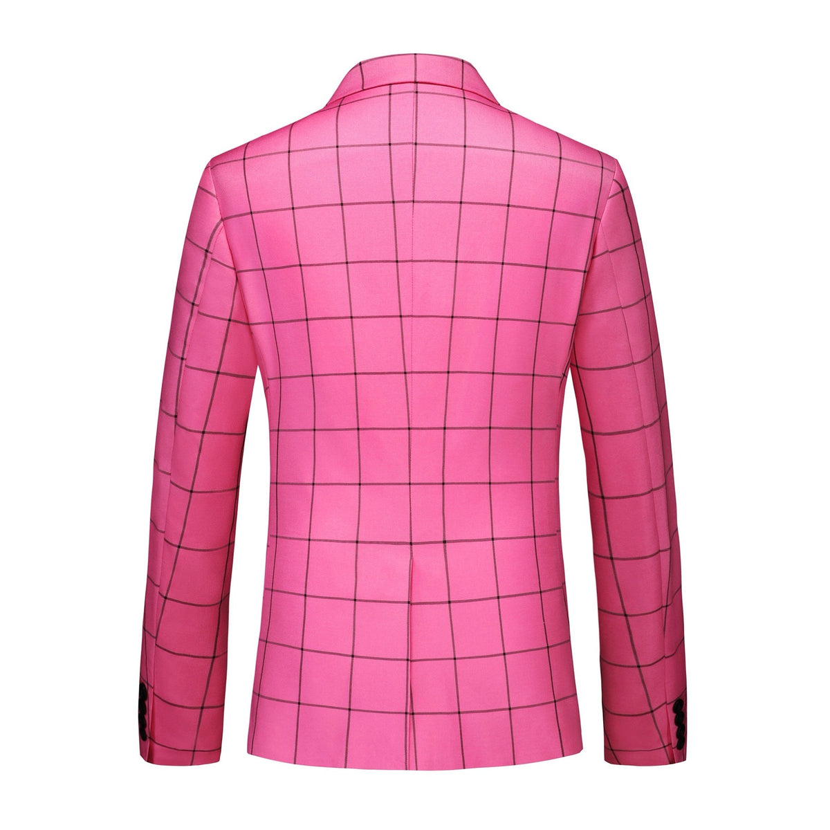 Front view of a men's bright pink plaid blazer and matching shorts set.