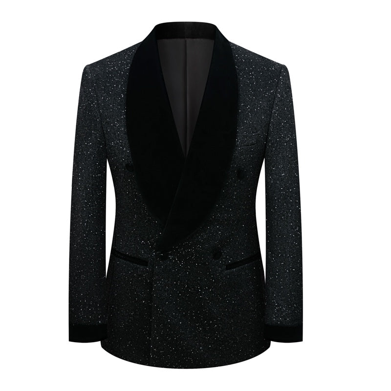 Men's double-breasted sparkly tuxedo jacket with black velvet shawl lapel