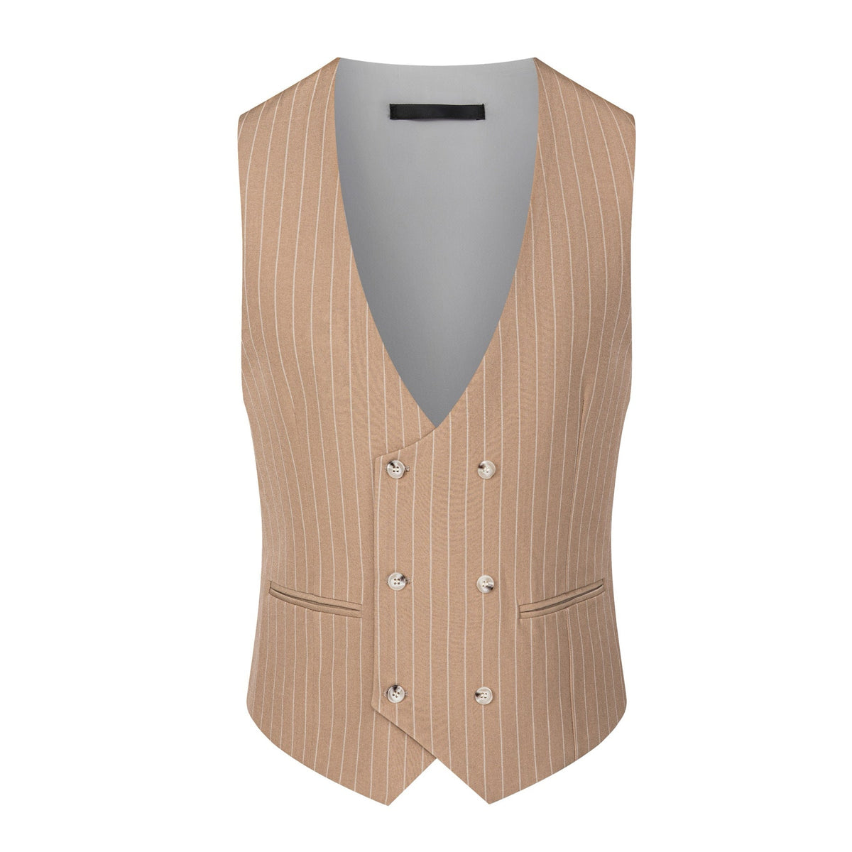 Men's beige pinstripe three-piece suit with a single-breasted jacket, double-breasted vest, and matching trousers, styled