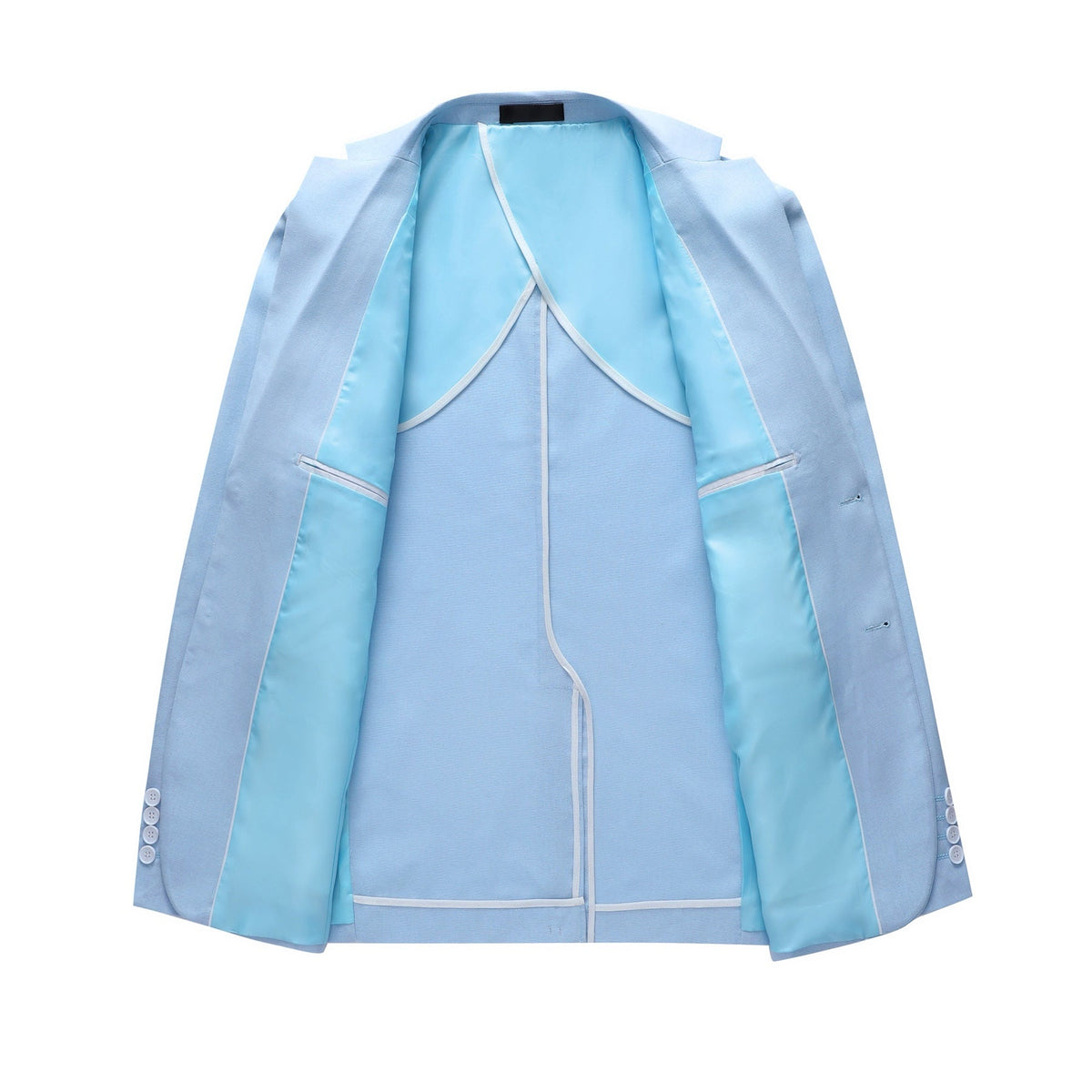 Front view of a men's light blue slim fit two-piece suit with a two-button blazer and matching trousers.
