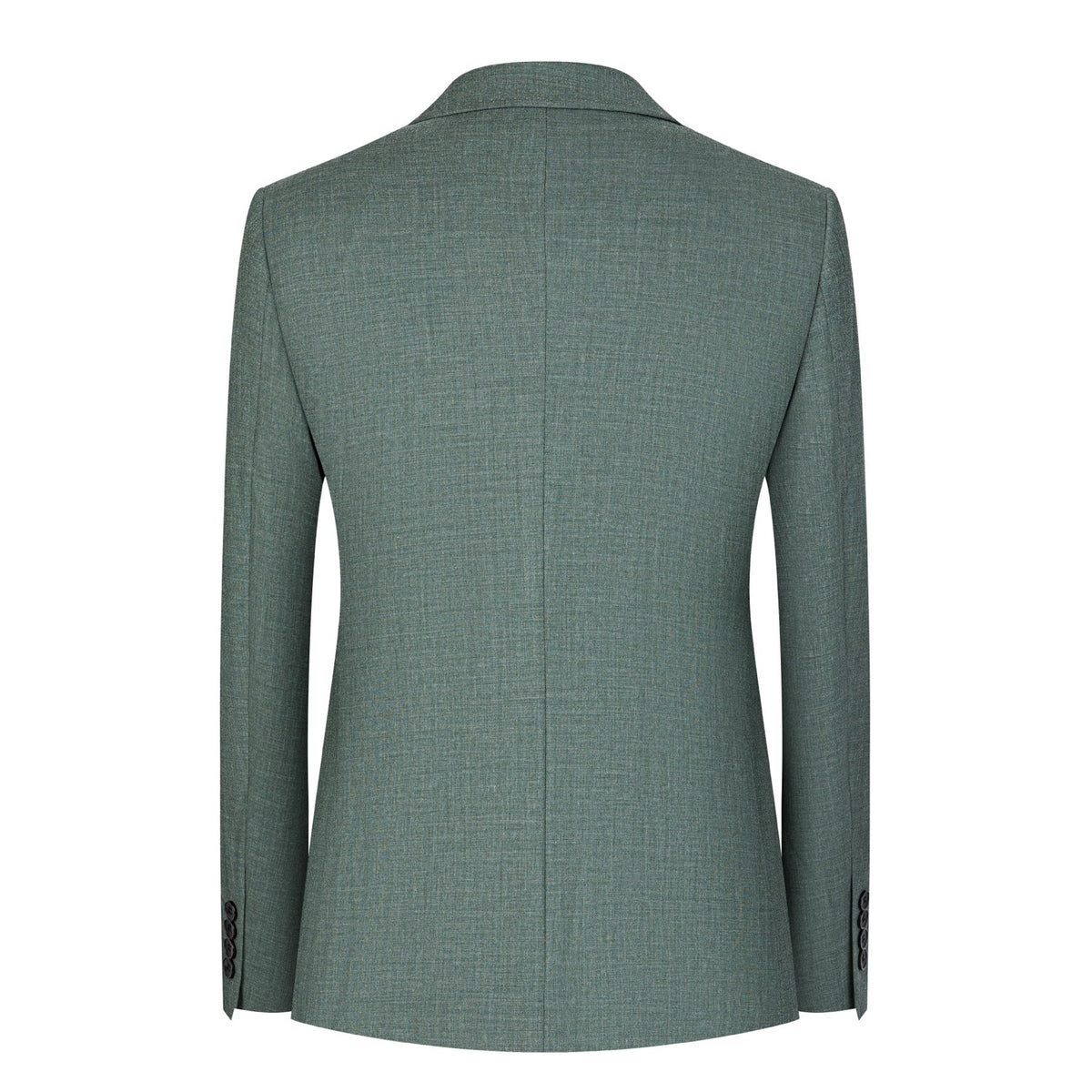 Full view of a men's green textured double-breasted suit with a yellow patterned tie, displayed on a mannequin, with matching