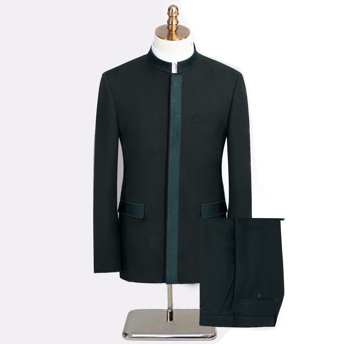 A collection of Suitmine men's mandarin collar suits in black, beige, dark green, and navy blue, featuring textured trim