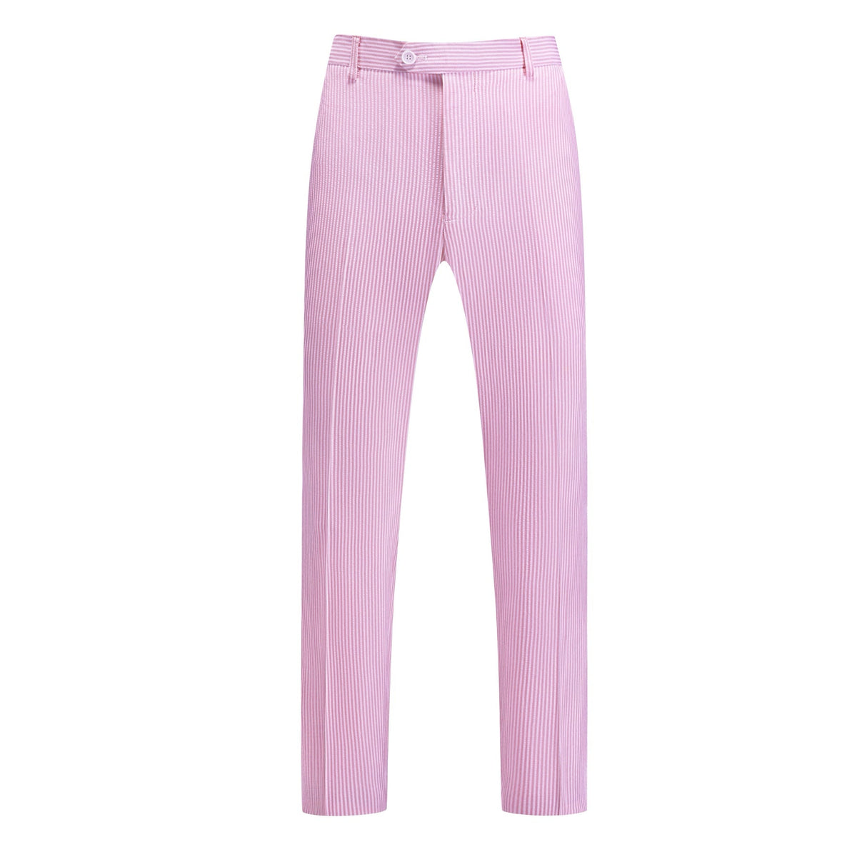 Front view of a men's two-piece pink and white striped seersucker suit with a single-breasted jacket and matching trousers.