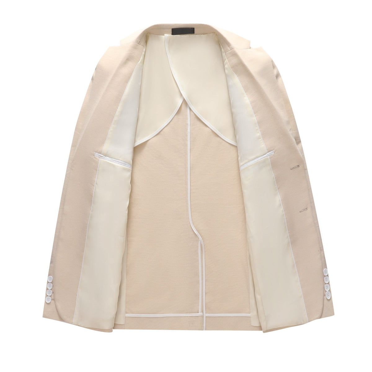 Front view of a men's beige two-piece suit, featuring a single-breasted jacket with two white buttons and matching flat-front