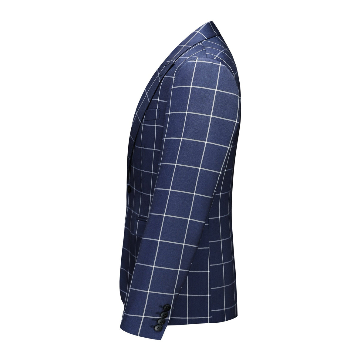 Men's blue suit shorts and matching blazer with white windowpane plaid pattern