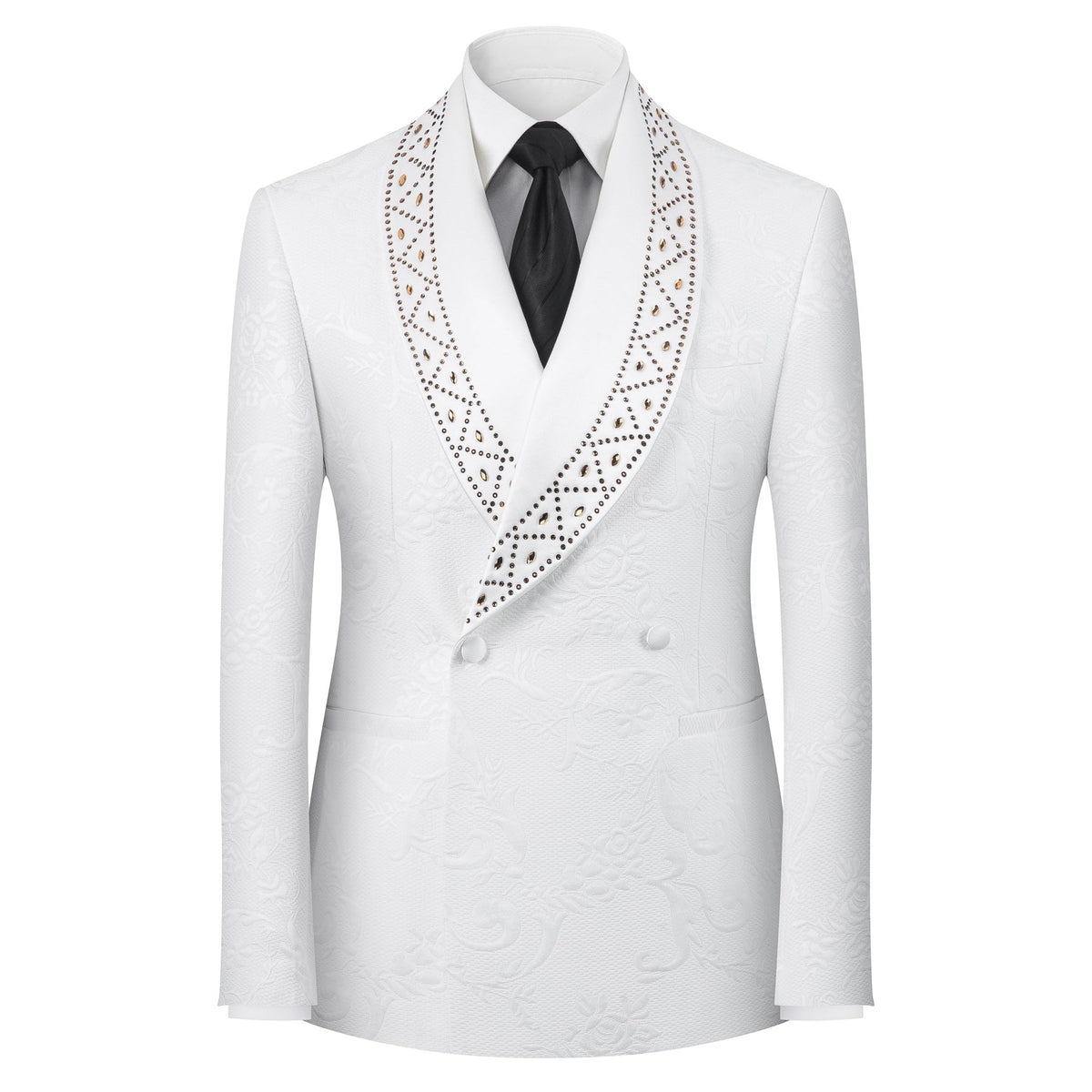 Full view of a men's white jacquard double-breasted suit with studded shawl lapels, paired with black trousers and brown