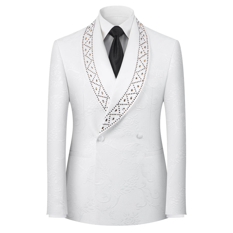 Full view of a men's white jacquard double-breasted suit with studded shawl lapels, paired with black trousers and brown