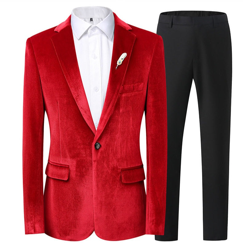 A collection of men's velvet suits in blue, red, gold, purple, and green, each featuring a one-button blazer with a feather