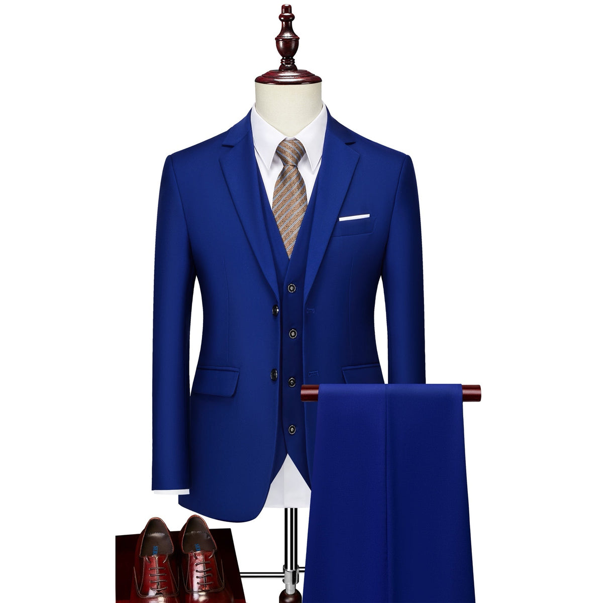 Men's slim fit 3 piece suit in various colors, featuring a jacket, vest, and trousers, styled with a white shirt, tie, and
