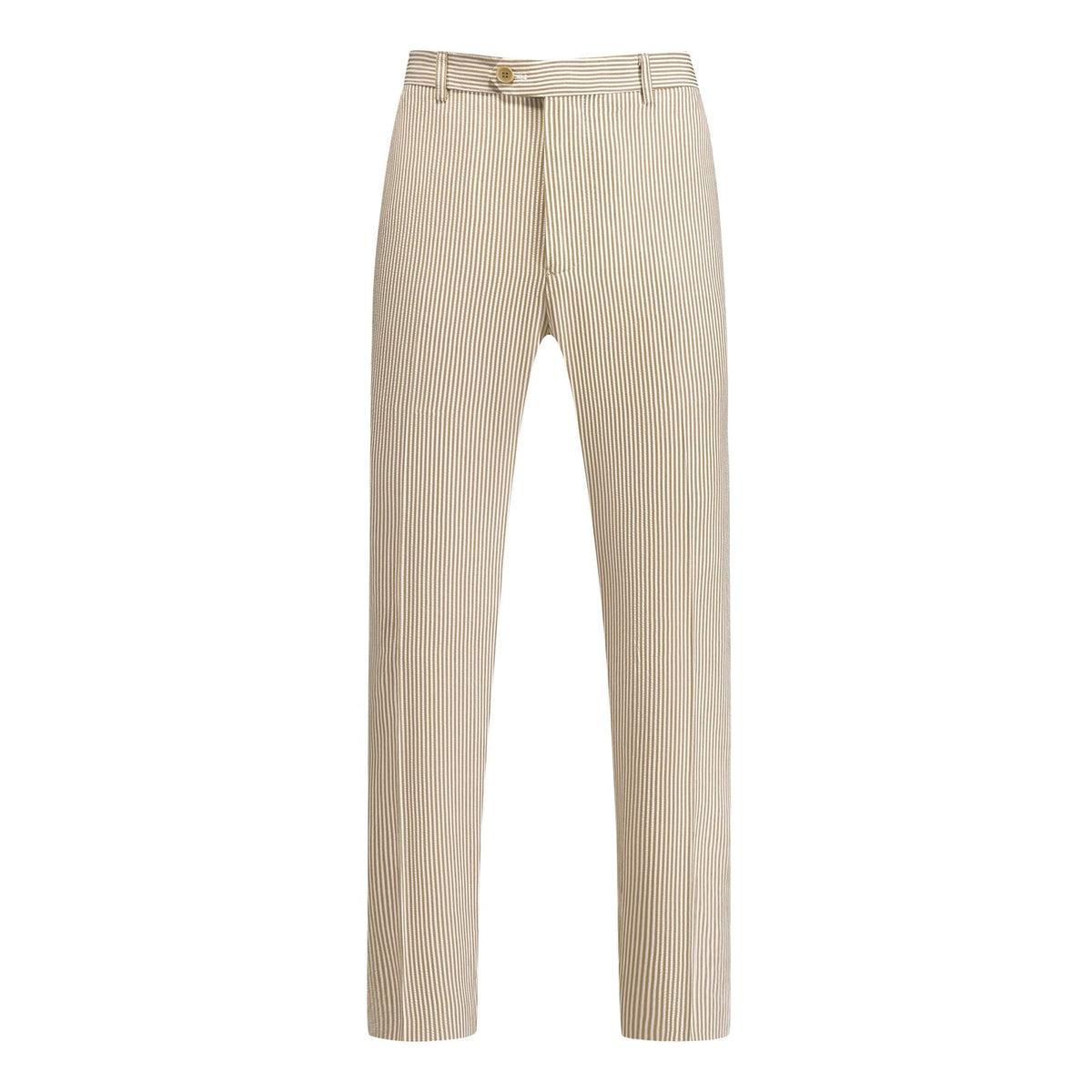 A men's beige and white striped seersucker two-piece suit, including a single-breasted jacket and matching trousers,