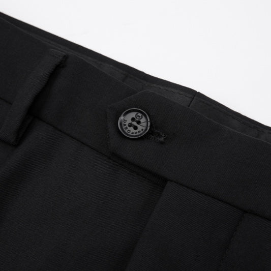 Men's black jacquard double-breasted suit with beaded lapels and matching plain black trousers.