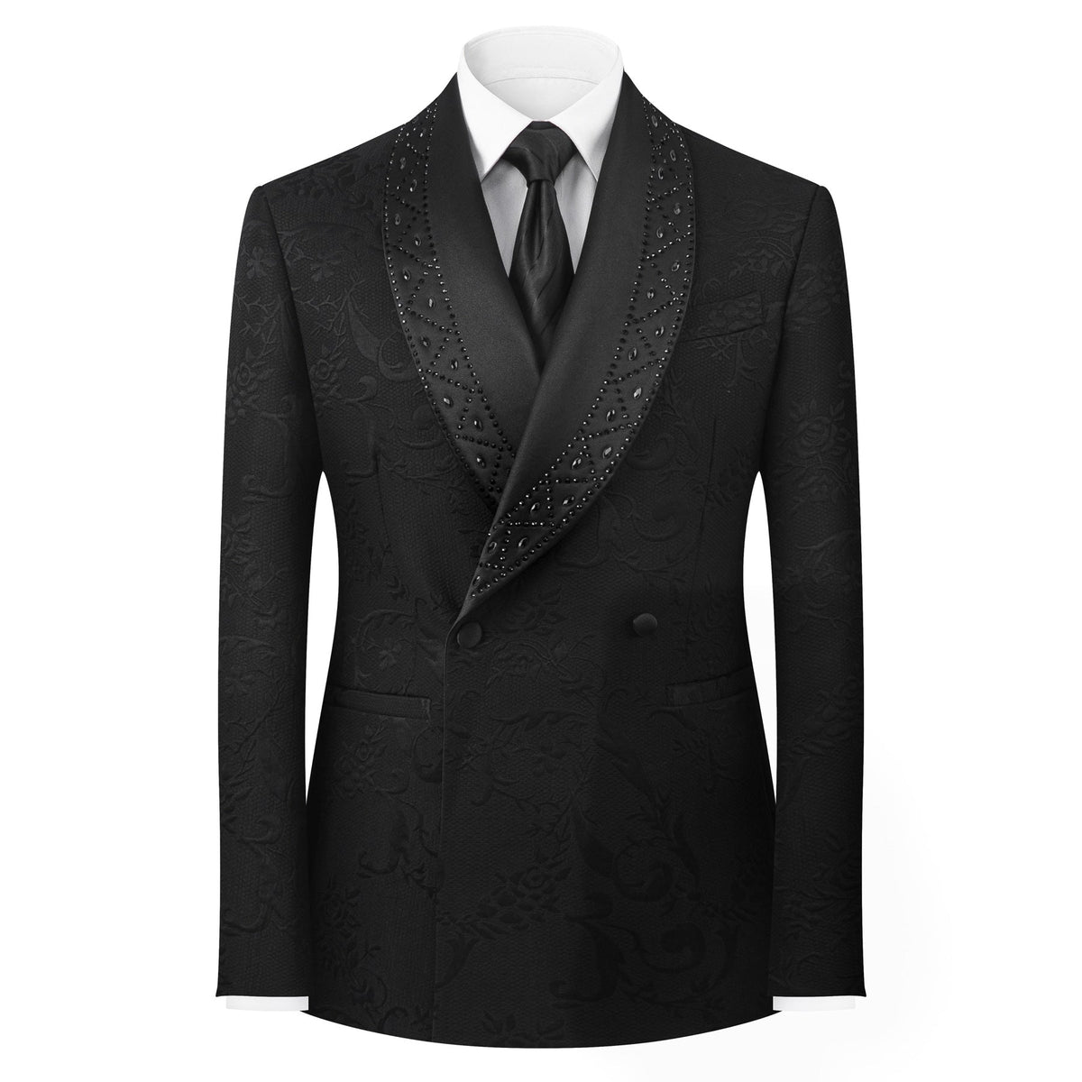 Suitmine men's black double-breasted suit with jacquard pattern and embellished shawl lapels, paired with matching trousers