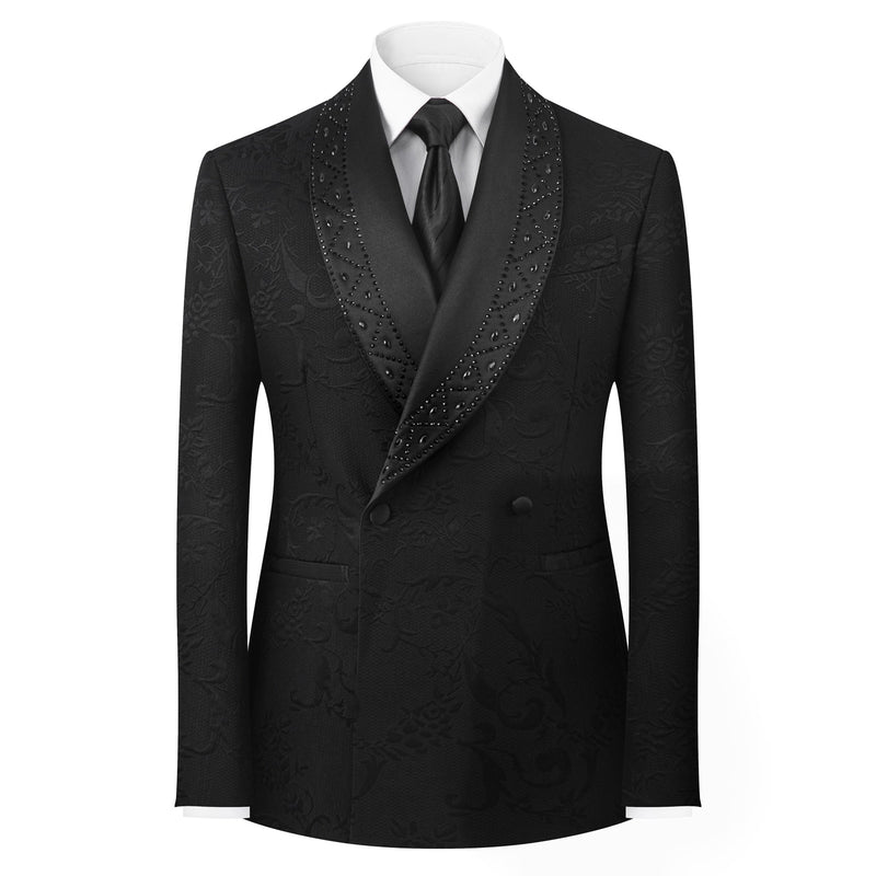 Suitmine men's black double-breasted suit with jacquard pattern and embellished shawl lapels, paired with matching trousers