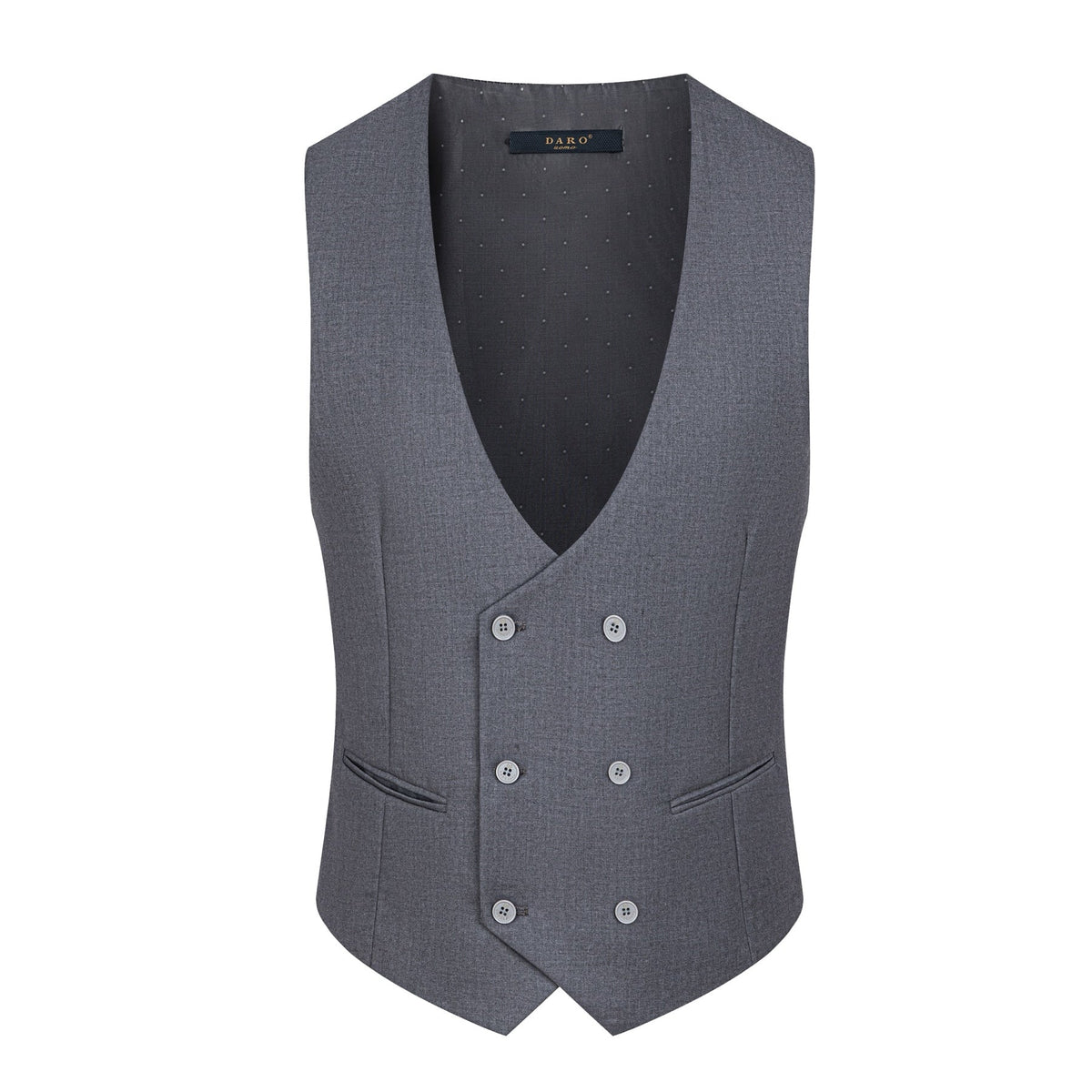 Men's grey three-piece slim fit suit with single-breasted jacket, double-breasted vest, and flat-front trousers, styled with