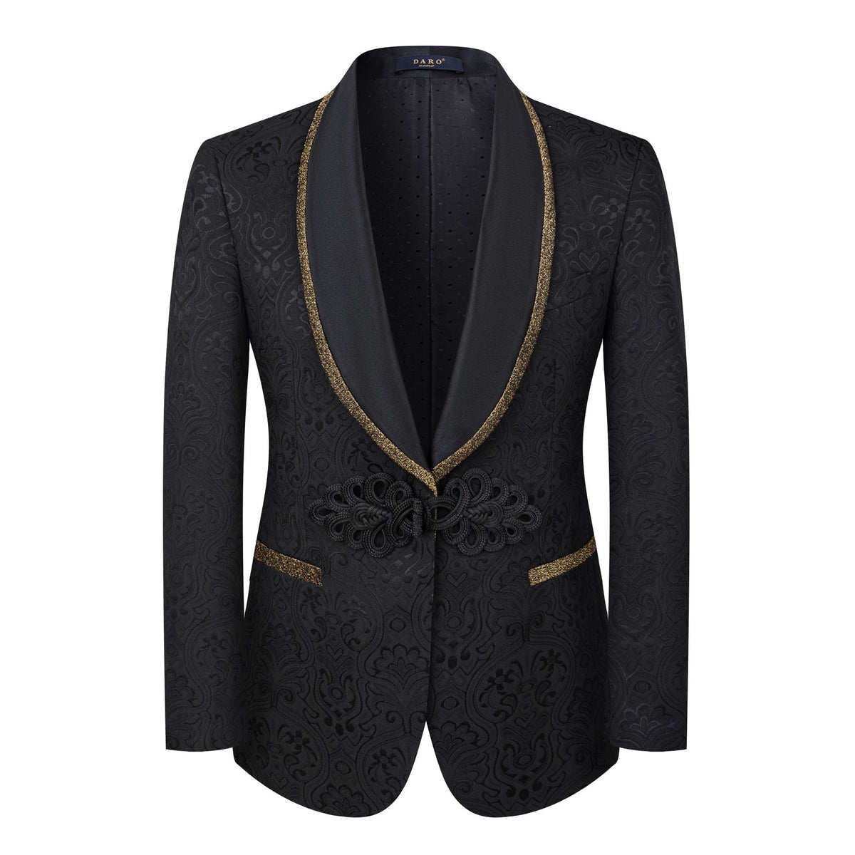 A black men's 3-piece jacquard suit with gold glitter trim on the lapels and vest, displayed on a mannequin.