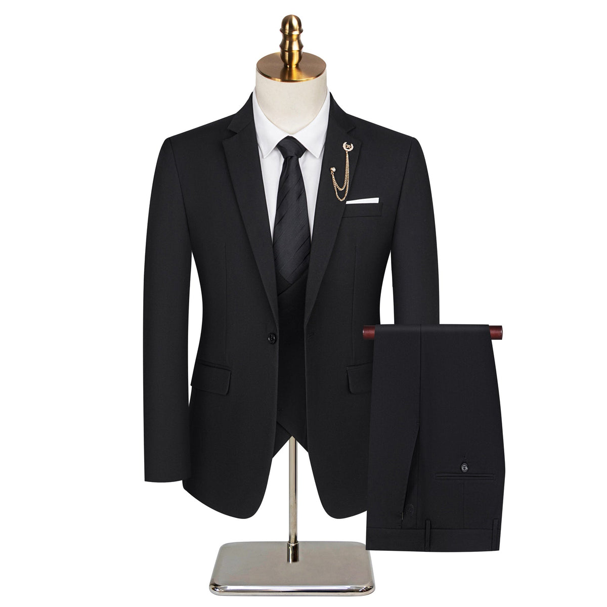 Full view of a Suitmine Men's Black Slim Fit 3-Piece Suit on a mannequin, featuring a blazer, vest, and trousers, accented