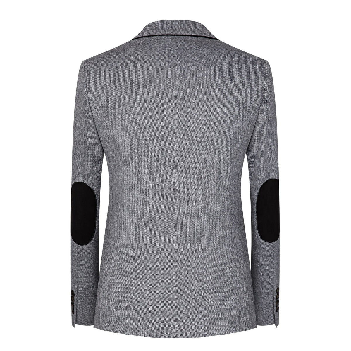 A men's grey textured three-piece suit with a single-breasted jacket, vest, and trousers, featuring black elbow patches on